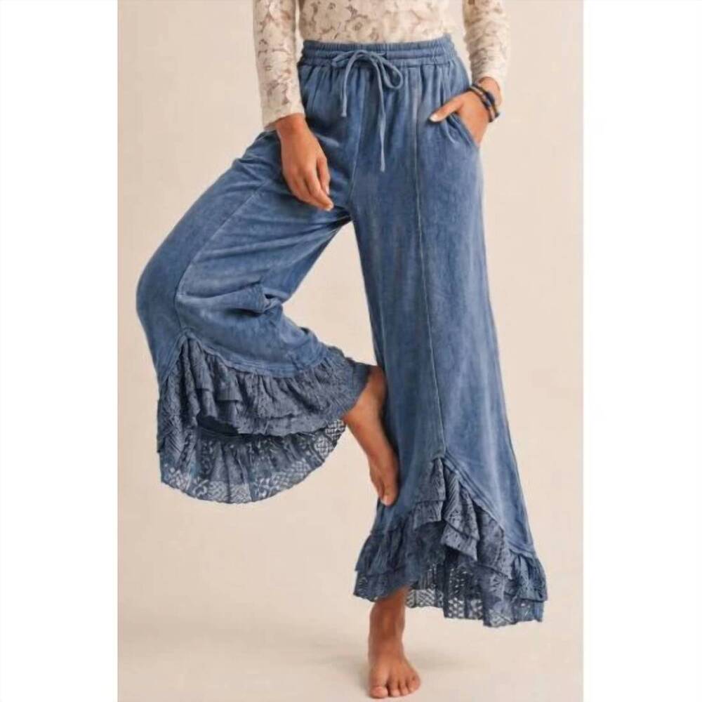 NEW LOVLOV mineral wash lace ruffle wide leg pants in light denim